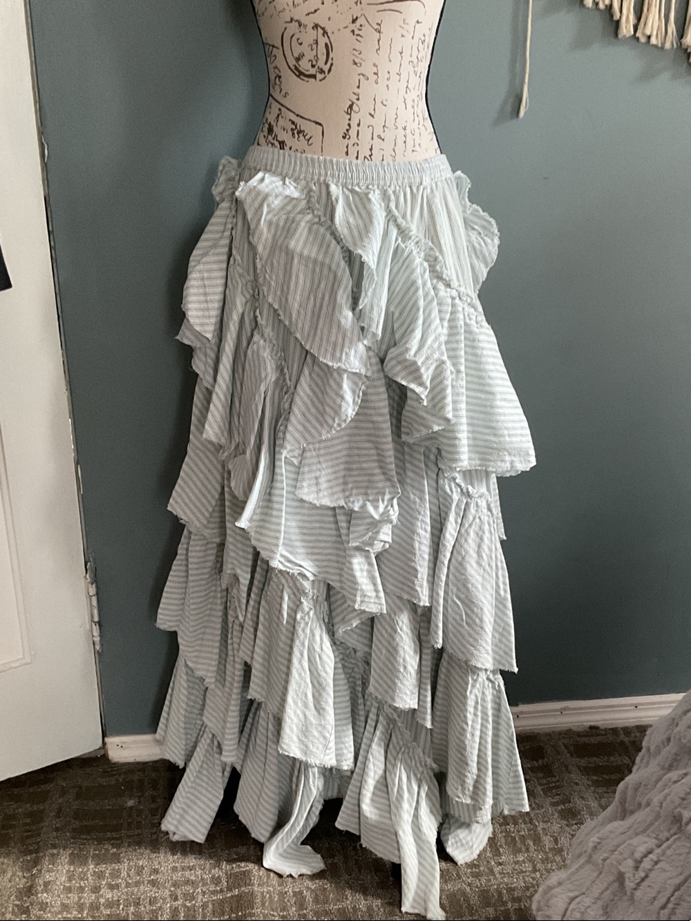 NWT free people Striped Light Blue Tiered Ruffle Maxi Skirt - Feminine Flow